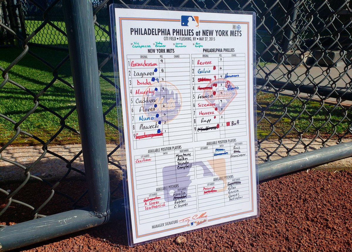 MetsMemorabilia's tweet photo. Playing on @SNYtv tonight is the @Mets game from May 27, 2015 when @Noahsyndergaard hit his first career home run! Check out the lineup card from that game. #Metsclassics #lgm #gameused #memorabilia https://t.co/eMUYV6IP3j