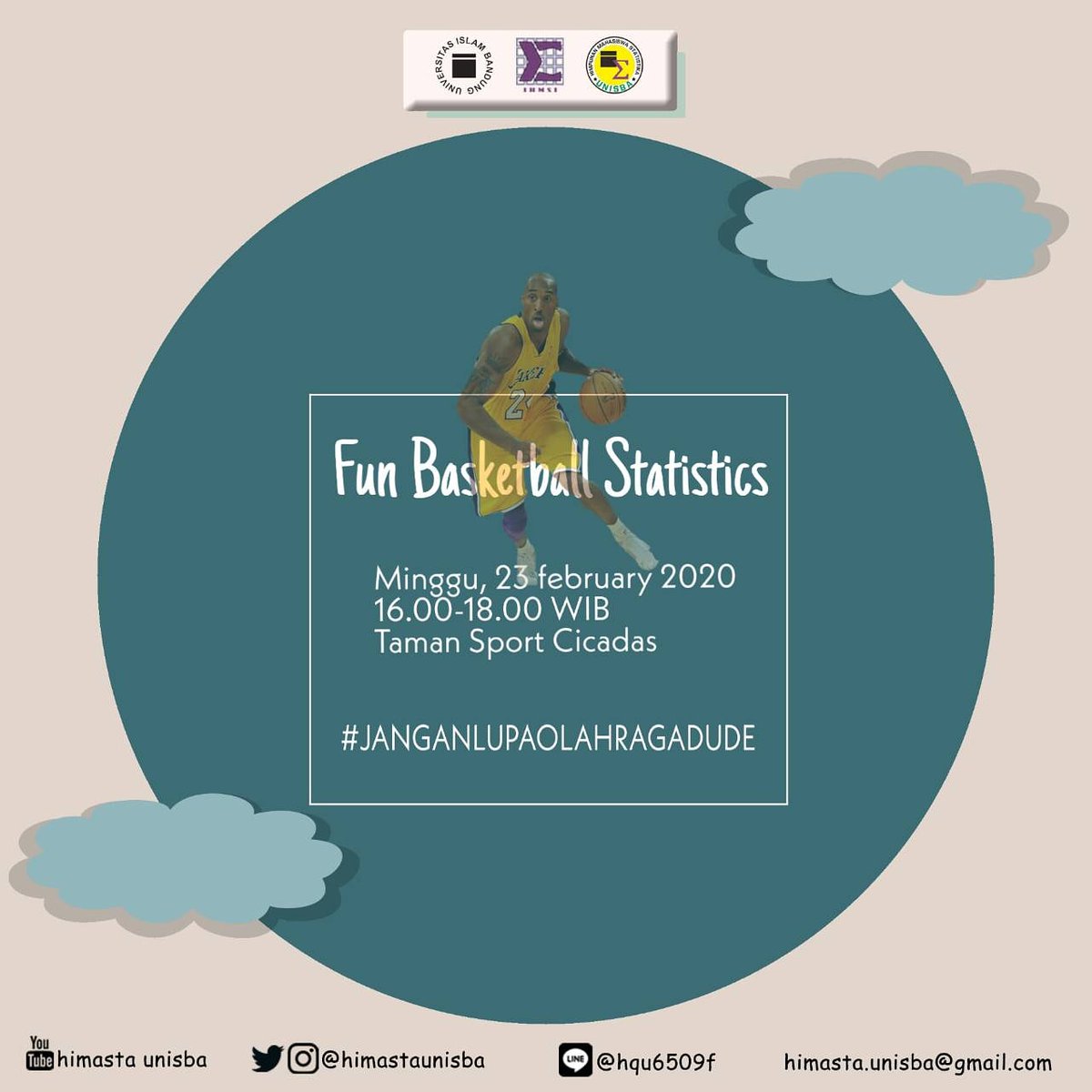 [INFO FUN SPORT]

FUN BASKET STATISTIKA
📆 Minggu, 23 Februari 2020
⌚ 16.00 - 18.00
🏡 Taman Sport Cicadas
"Just play,Have fun and with the game"
-Michael Jordan
#janganlupaolahragadude
 
_________
Hubungan Masyarakat Himasta Unisba

#StatistikaUnisba
#HimastaJaya
#SalamSigma