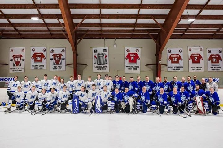 SKHMavsHockey's tweet photo. The boys make Mavericks history with the first alumni game win! Goals by #8chafe #91smith #88raymond with 2! And cappy #24coady with the penalty shot game winner! @skhmavericks #bleedblue https://t.co/LA9UkmfIPn