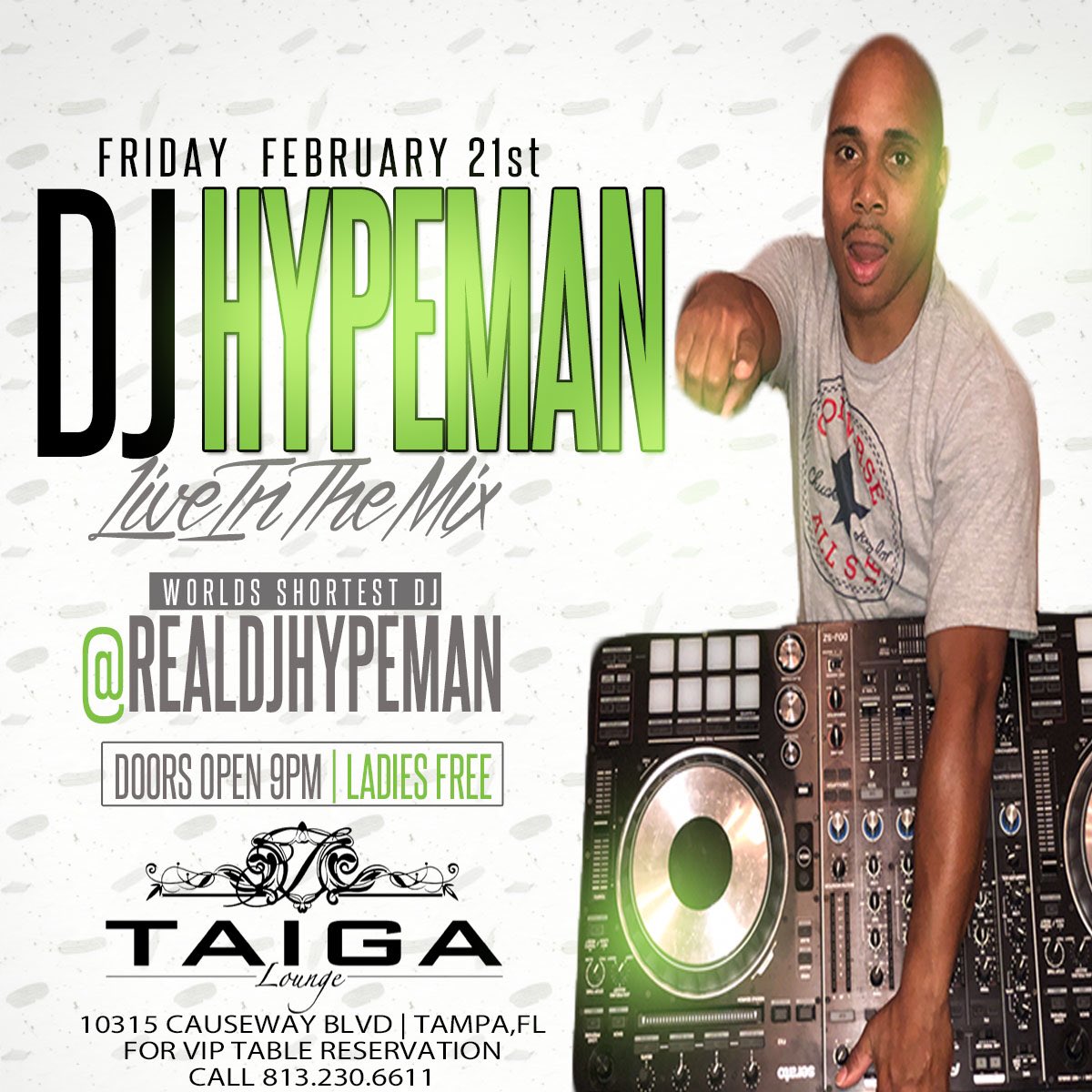RealDJHypeman's tweet photo. Friday Nights 
At @taiga_lounge  #TaigaLounge 
Ladies Free All Night Long
#WorldsShortestDJ
#RealDJHypeman #DJHypeman #TaigaLounge #TampaDJ #TampaDJs #Tampa #Hiphop #RNB  #Reggae https://t.co/ajgBhI5Jts