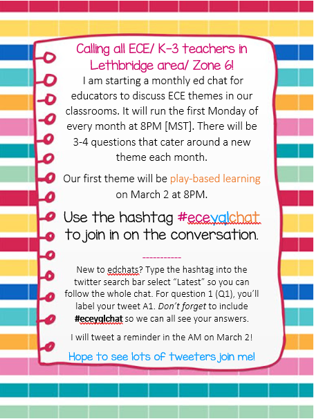 Mrs_Martinezyql's tweet photo. Calling all K-3 teachers in #yql &amp; SW AB! I'm starting an ECE ed chat March 2 @ 8PM. Use #eceyqlchat to join. Enlarge the photo below to see the details. Looking forward to building a community of Zone 6 K-3 educators! https://t.co/RtBq5qHl4T