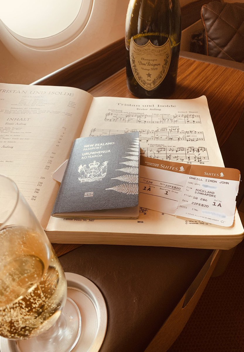Serious study of #tristanundisolde onboard SQ from the South Pacific to London - lovely Singapore Suites with #domperignon @SingaporeAir⁩ ⁦@LVMH⁩