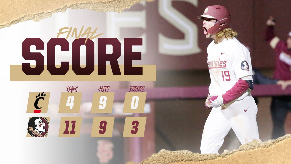 FSUBaseball's tweet photo. Hubbart with a perfect 9th and the Noles win the fourth straight!

W - Ahearn 1-0
L - Murphy 0-1

F | CIN 4, FSU 11 https://t.co/bg6XthqGNK