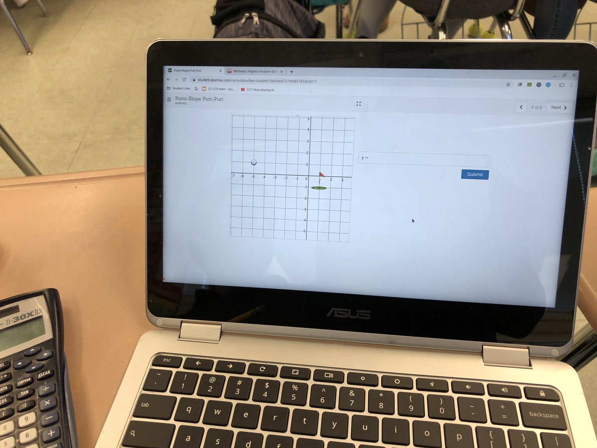 cunninghammath's tweet photo. My algebra students played golf today! They had to get a hole in one with their linear equations. #desmos #mathisfun https://t.co/KndKOz2Oik