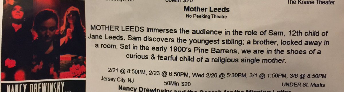 After a killer show @OttosShrunkenHead for #NoNameAndABagOfChips I’m back <a href="/FRIGIDNewYork/">FRIGID New York</a> for Mother Leeds <a href="/UnderStMarks/">Under St. Marks</a> this immersive show has us wearing blindfold for the entire show! Catch them Sun 650, 26th 530pm, Mar 1 150pm &amp; Mar 6 850pm #eastvillage #eastvillagefestival