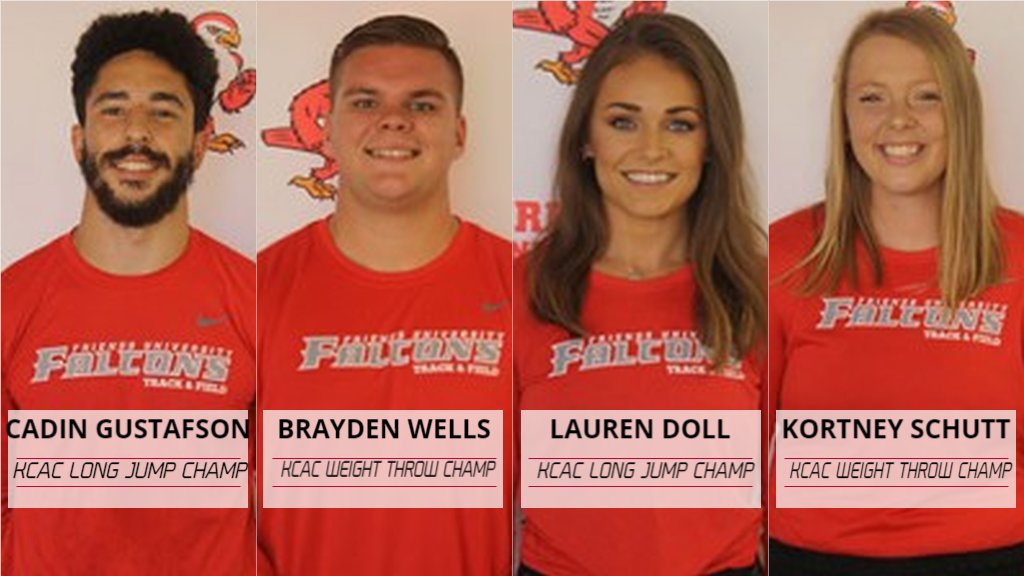 KCAC Indoor Track Day 1 - The Falcons win not 1, not 2, not 3 but FOUR conference championships! Cadin Gustafson (Long Jump, 6.89m), Brayden Wells (Weight Throw, 17.52m), Lauren Doll (Long Jump, 5.66m), and Kortney Schutt (Weight Throw, 17.12m) are conference champs! #KCACscores