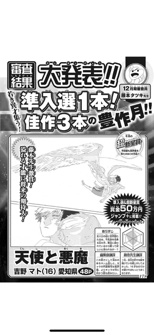 新世界漫画賞で準入選をいただきました!
藤本先生が審査員と知って急いで描いた作品だったので、未だ賞を頂いたことも藤本先生に読んでいただけてコメントまでいただけてイラストまで描いていただいたのもほんとに全く実感が湧いていませんがとにかく嬉しいです。これからも頑張ります。 