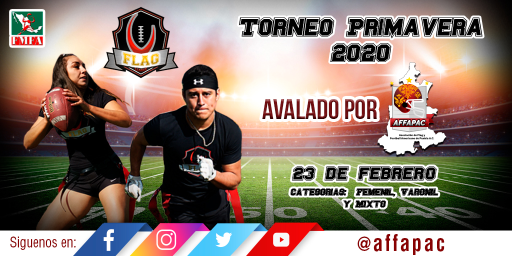 affapac's tweet photo. Participa en el Torneo Primavera 2020 avalado por #AFFAPAC organizado por @UFlagLeague #SomosPuebla #SomosFootBall  🏈 https://t.co/6ajLVYTMEo