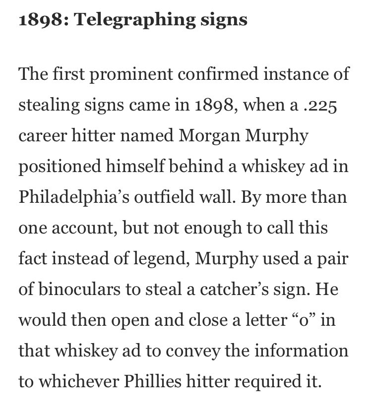 1898 Phillies. Used binoculars and used the letter “o” in a whiskey sign to tip off hitters.  https://www.washingtonpost.com/news/sports/wp/2017/09/06/a-brief-history-of-rule-bending-in-baseball-which-has-always-been-just-part-of-the-game/
