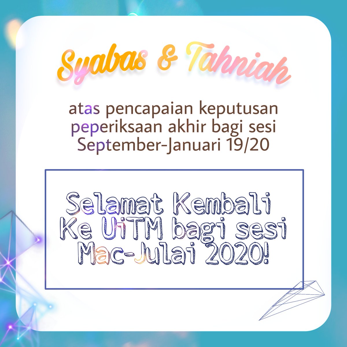 BASiCUiTMKedah's tweet photo. Syabas &amp; Tahniah kpd semua Mahasiswa UiTM Cawangan Kedah atas kputusan peperiksaan akhir sesi September 2019-Januari 2020 yg lalu!

Majlis Tertinggi &amp; Exco Basic (19/20) mgucapkan selamat kembali ke kampus Uitm Kedah! Semoga semester baharu ini mmbawa lebih peningkatan kpd anda✨ https://t.co/AbbIIUujq4