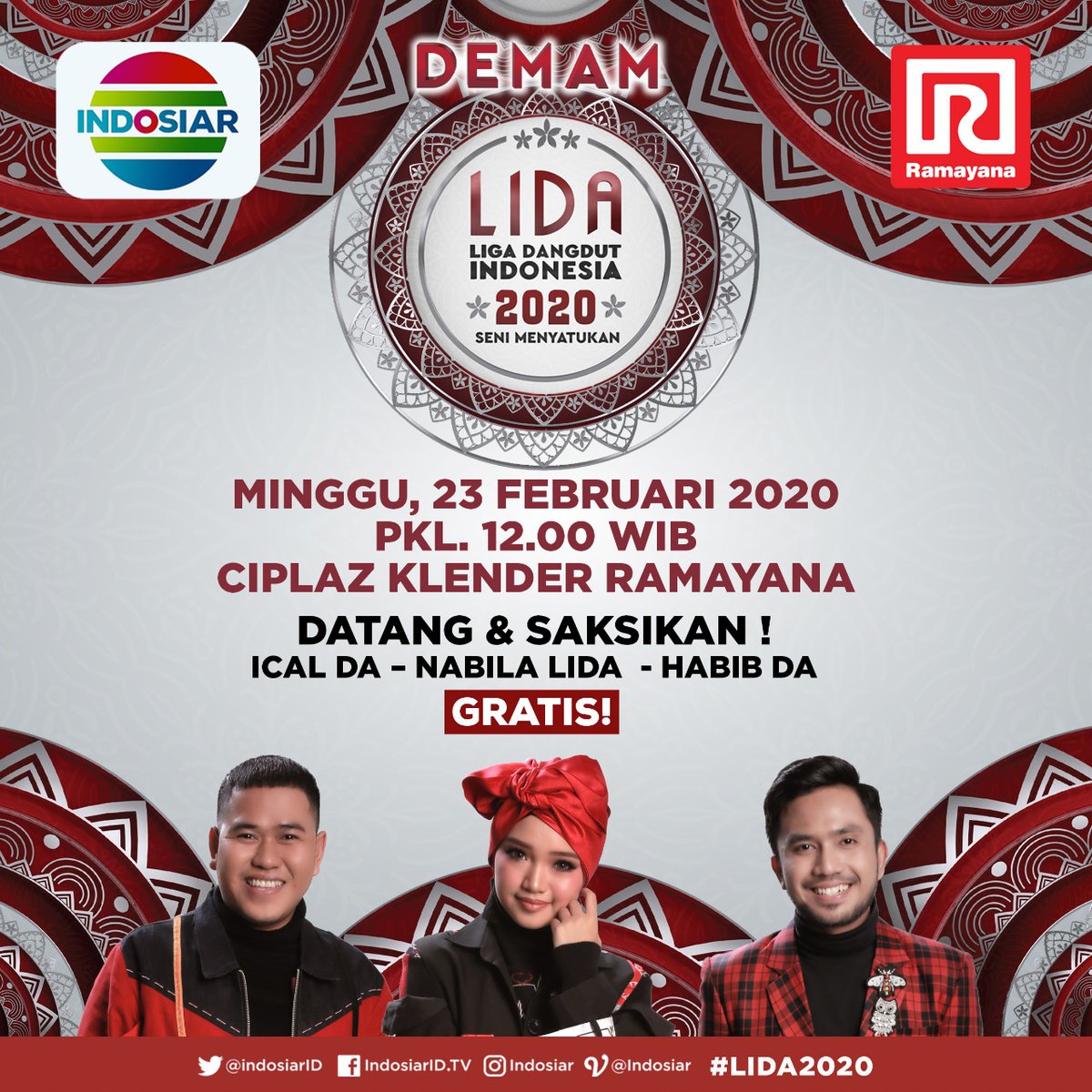 Indosiar's tweet photo. Mana nih yang sudah siap goyang bareng Habib DA, Ical DA, dan Nabila LIDA di Ramayana Ciplaz Klender ? Yuk, datang dan ramaikan #DemamLIDA Besok Minggu, 23 Februari 2020 pukul 12.00 WIB! GRATIS! https://t.co/nLNnQSZGFm