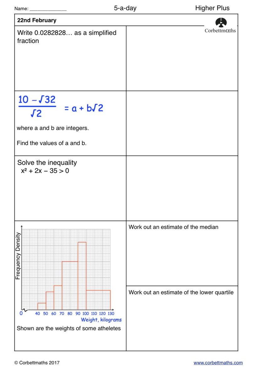Studying for Higher GCSE Maths? Try today's Foundation Plus, Higher &amp; challenging Higher Plus #maths5aday answers: corbettmaths.com/2016/10/26/feb…