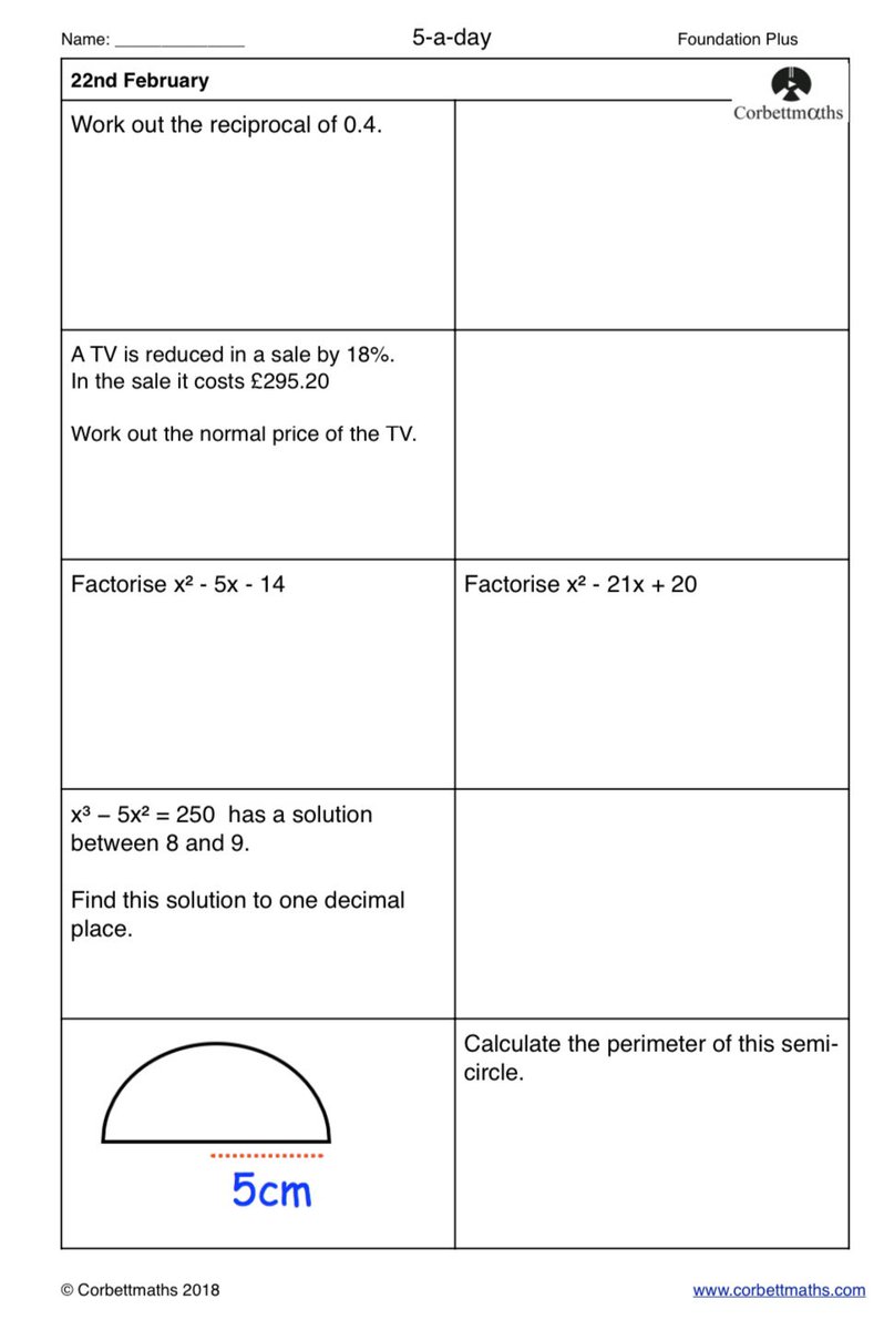 Corbettmaths's tweet photo. Studying for Higher GCSE Maths? Try today's Foundation Plus, Higher &amp; challenging Higher Plus #maths5aday answers: https://t.co/n50J7L6LD9 https://t.co/3oU0PYkPgF