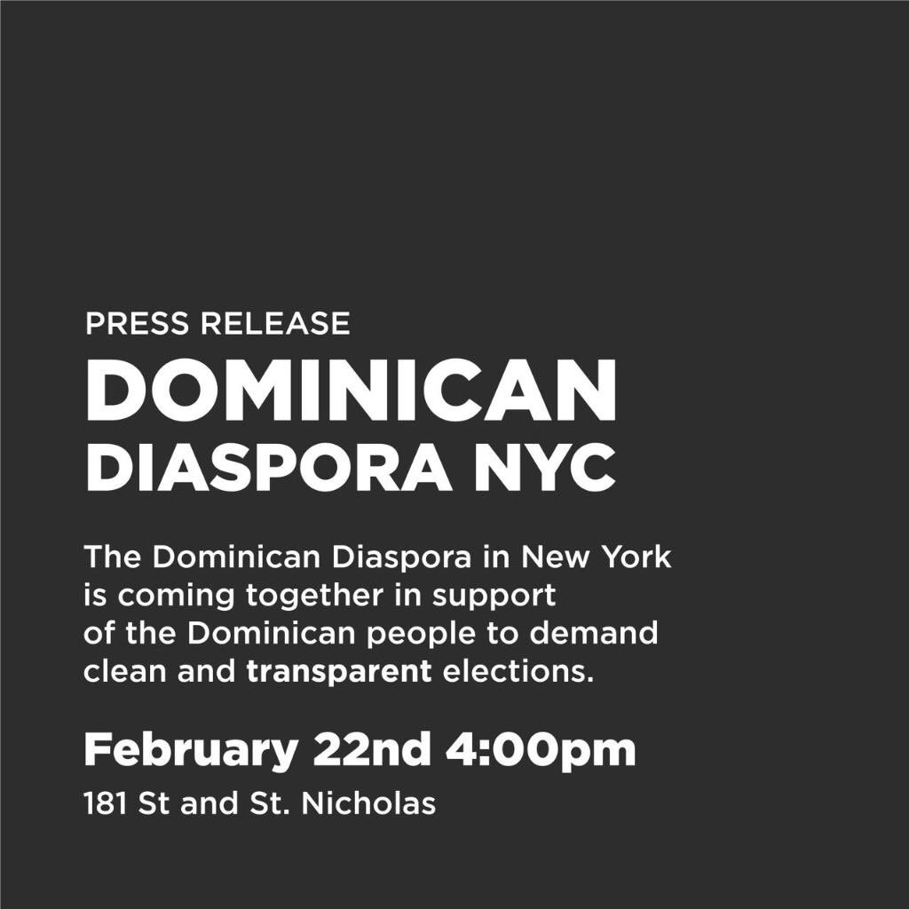 LaGaleriaMag's tweet photo. The Diaspora in NYC in support of the Dominican people. #ForDR we demand a proper INVESTIGATION on what occurred last Sunday Feb 16th regarding municipal elections in our country. We want ANSWERS and above all guaranteed TRANSPARENCY in the upcoming elections. #ForDR #porRD (1/2) https://t.co/uVyLRnePqx