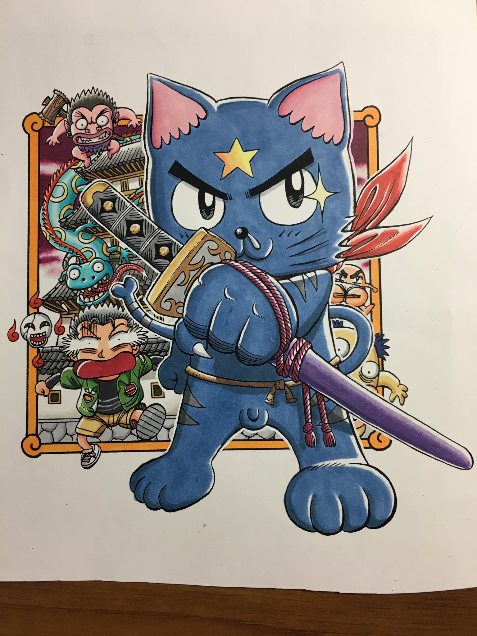 小栗かずまた 猫の日 もののけ にゃんタロー1巻の表紙用イラストと 読み切りの時のカラー扉原稿です 小栗かずまた 猫の日 もののけ にゃんタロー1巻の表紙用イラストと 読み切りの時のカラー扉原稿です
