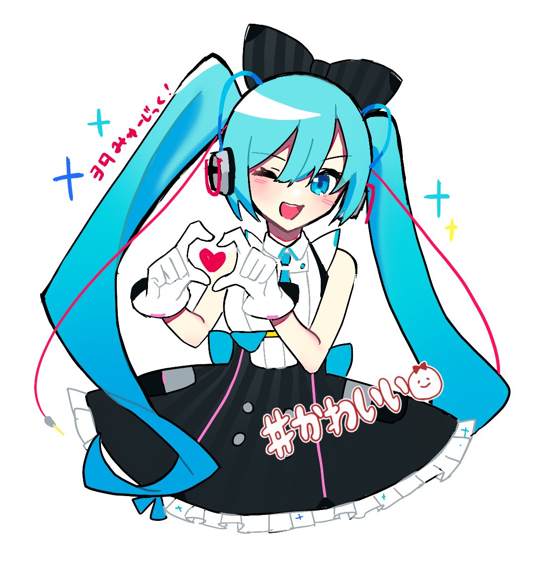 hatsune miku ,magical mirai miku 1girl one eye closed gloves solo heart hands long hair heart  illustration images