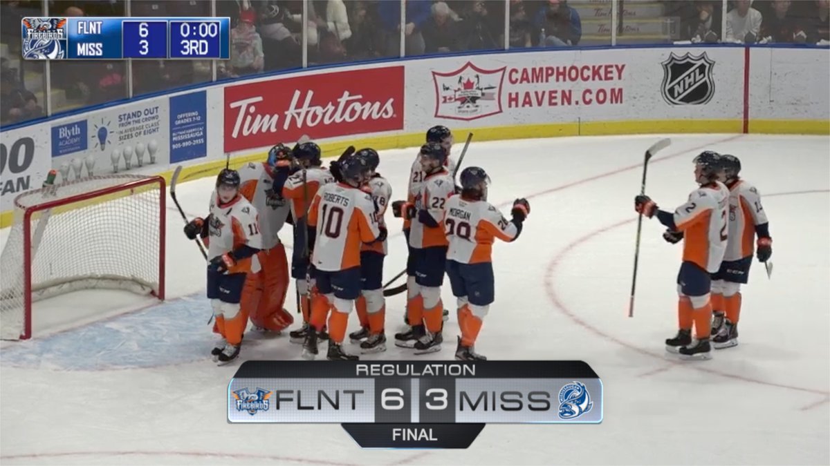 FINAL: <a href="/FlintFirebirds/">x - Flint Firebirds</a> (6) at <a href="/OHLSteelheads/">Brampton Steelheads</a> (3)

2020 #NHLDraft prospect <a href="/ev_oksentyuk/">Евгений Оксентюк</a> one of 6 'Birds with 2 points as Flint's franchise record streak extends to 15 straight.

🎥🗒️: bit.ly/37I0B0c