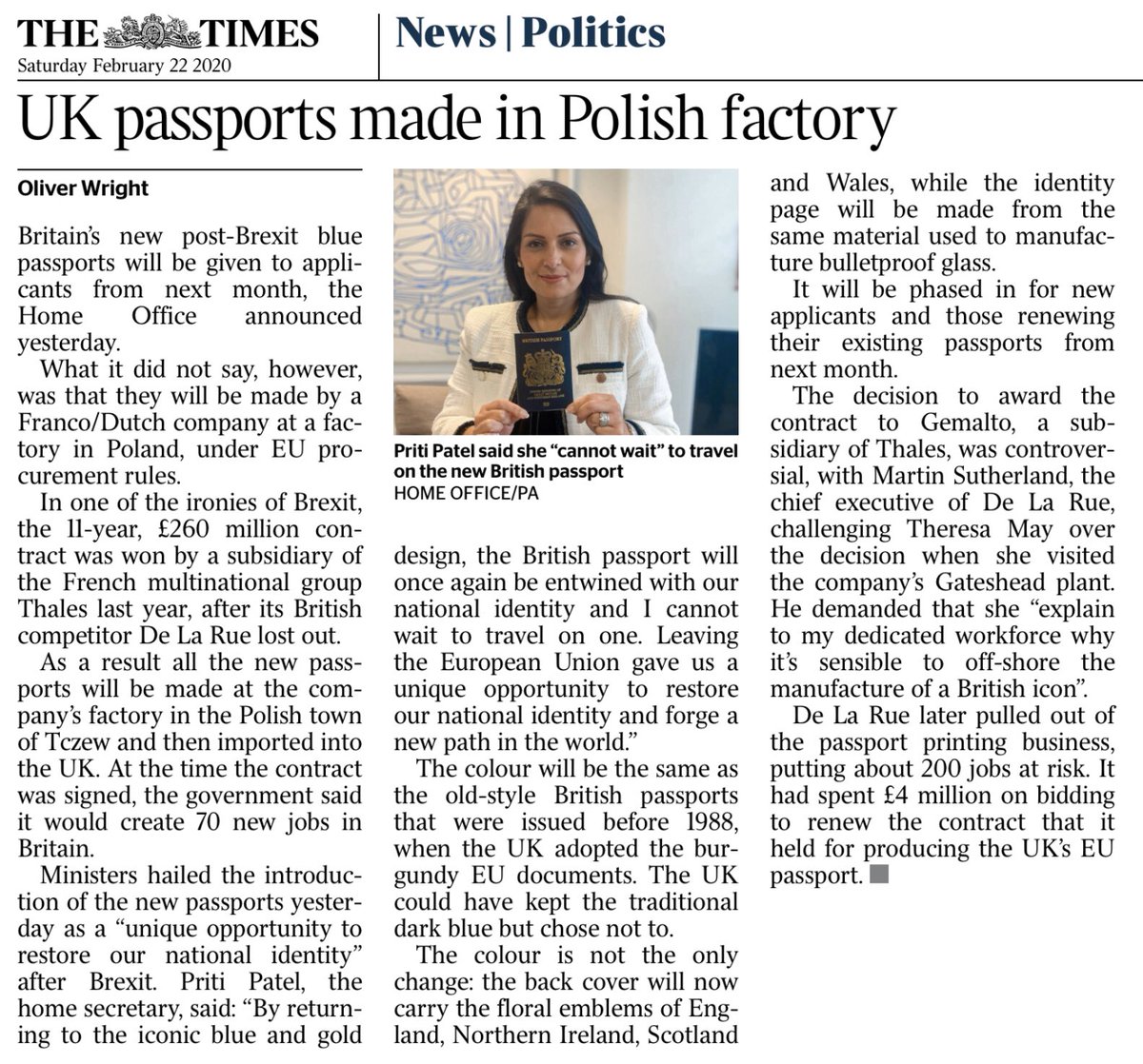 paullewismoney's tweet image. Irony goes supercharged as the new blue passport is made in Poland by French/Dutch firm and UK passport maker De La Rue left at risk and laying people off. I don’t recall the slogan ‘British jobs for Polish workers’ but here it is in action. Somehow this is a success.