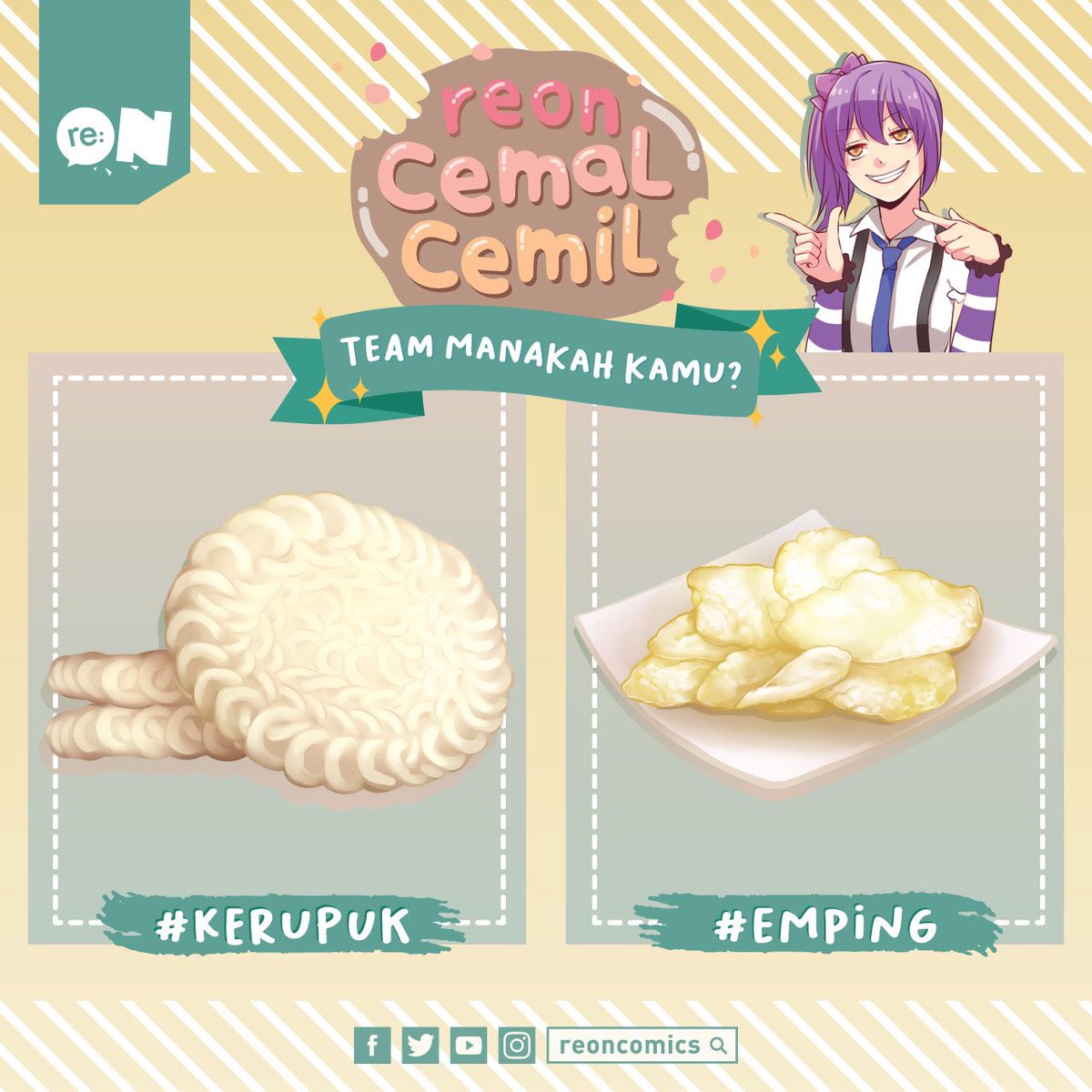 reoncomics's tweet photo. Hai Reonites!
Kembali lagi di segmen #CemalCemil!
.
Makan bubur atau makanan berkuah, lebih enak pake kerupuk atau emping nih! Kalian lebih suka yang mana, #kerupuk atau #emping ? https://t.co/9DnozkPaqF
