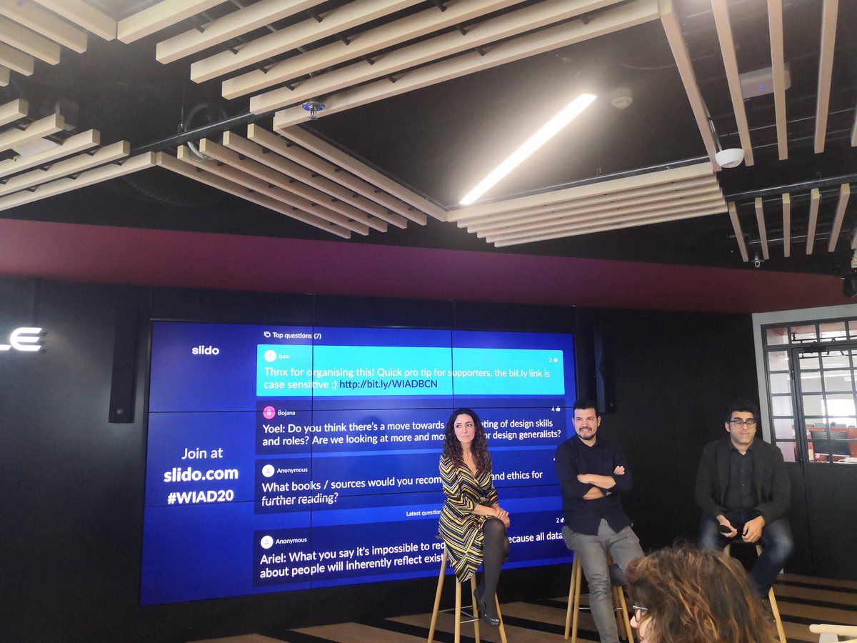 Speakers <a href="/yoellenti/">Yoel Lenti</a> <a href="/interacciones/">Ariel Guersenzvaig</a> and Karina now join in a Q&amp;A discussion panel,  the subject revolving around #ethics and #values, and how to be of best service to #humanity as #designers.

<a href="/WIADBarcelona/">WIAD Barcelona</a>
#Humanityfirst #AIEthics #WIAD20 #IAElement #IA #WIADBCN #IDFBCN