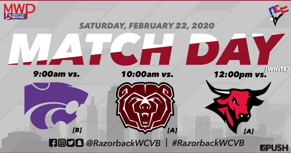razorbackwcvb's tweet photo. [WHITE] team kicks off today’s action at the 2020 Midwest Plains West Division Championships this morning at 9:00am followed by [WHITE] and [RED] double-headers at both 10:00am and 12:00pm! #weAR #RazorbackWCVB #PUSH https://t.co/X0swKSrNfv