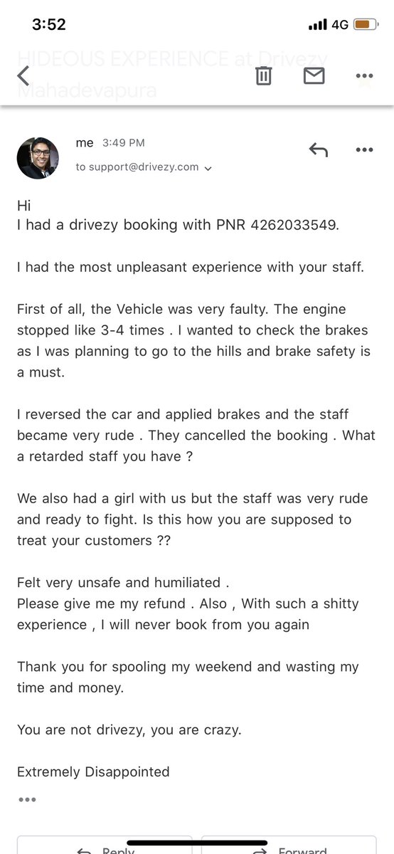 readershobhit's tweet photo. @drivezyindia Had an abysmally gruesome experience with your Mahadevapura branch. You have an extremely rude and bellicose staff.
Attaching a screenshot of the incident.
#disappointed #humiliated https://t.co/YS5rn0VqTA