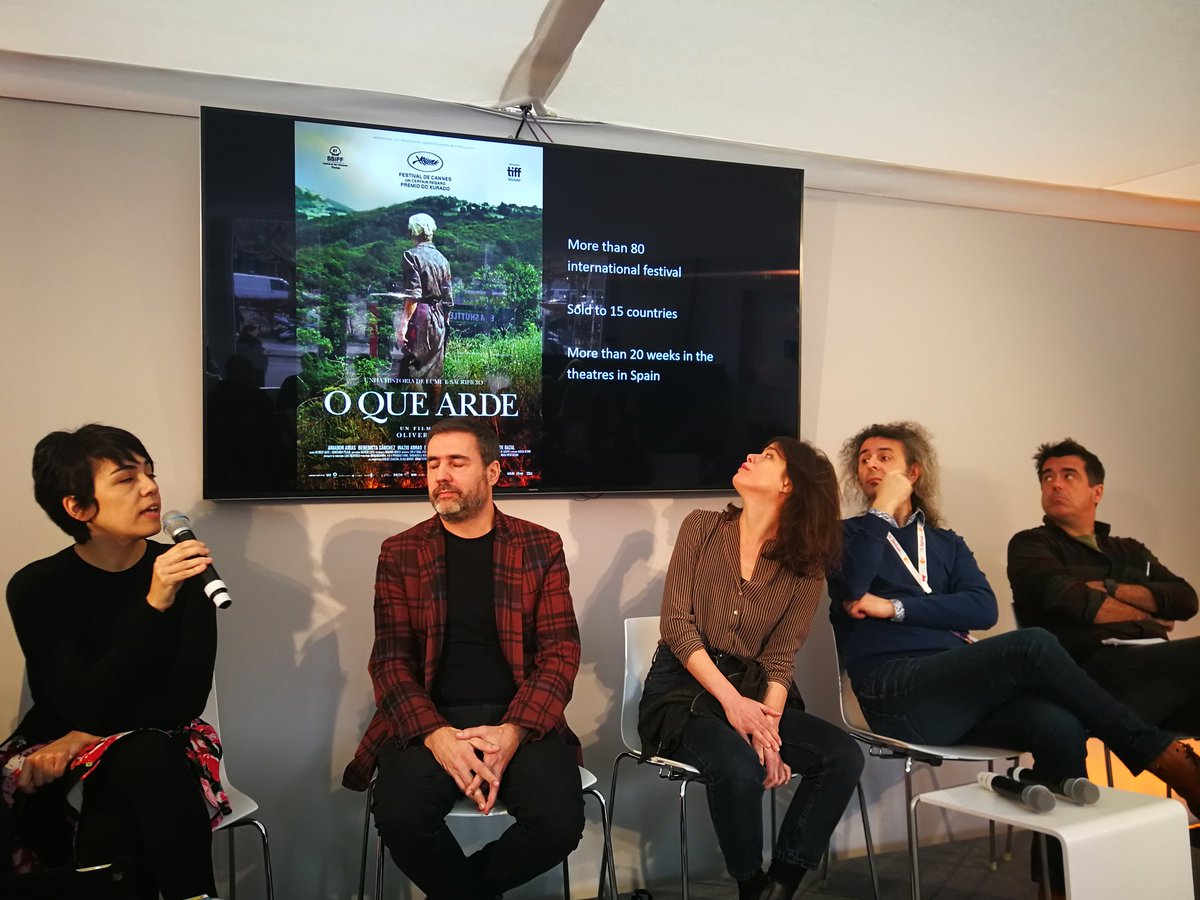 zineuskadi's tweet photo. Co-producers from O QUE ARDE talk about their coproduction model, goals, challenges and financial plan at the @berlinale.

#basqueaudiovisual #cinemafromspain @miramemira #4A4 @koldozuazua #tarantula #coproducción #coproduction https://t.co/YYES4oTaQT