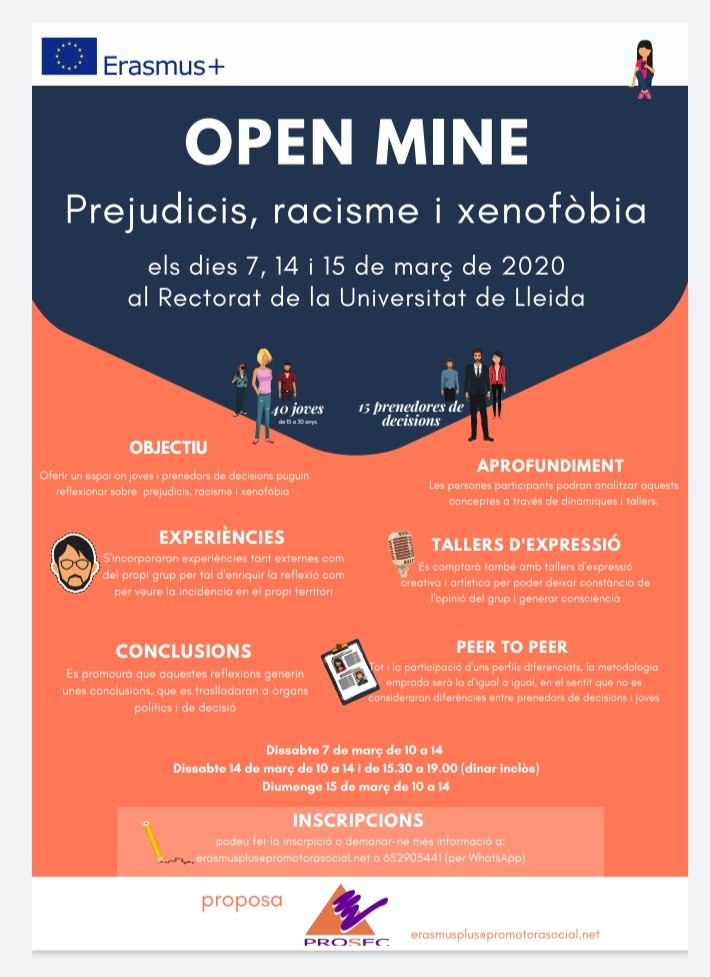 assocprosec's tweet image. 🚩Obertes les incripcions pel projecte #OPENMINE una trobada entre joves i persones prenedores de decisions per reflexionar i aprendre sobre els prejudicis i racisme

Dies 7, 14 i 15 de març

Inscripcions  ➡️ erasmusplus@promotorasocial.net o 652905441 (WhatsApp)

#ErasmusPlus