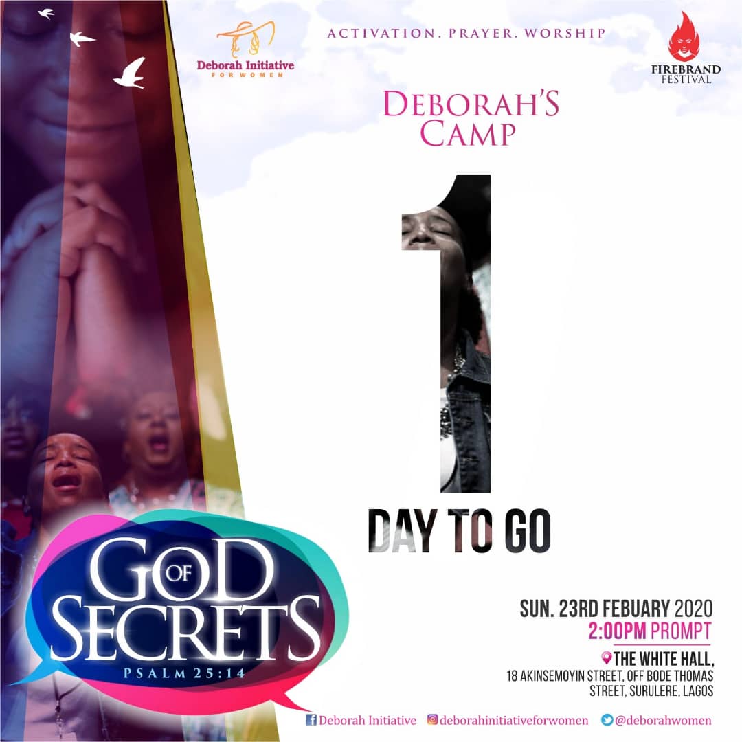 deborahwomen's tweet photo. 1 day to Deborahs' Camp !!!

Can you hear the sound of the Alarm?

Are you part of the wise troop heeding to this Loud Call?

Join us tomorrow, 23rd February, 2020.

Venue: The White Hall Surulere, Lagos
Time: 2:00pm

You can still register here :
https://t.co/H28DpCrthE https://t.co/00t42oJuIR