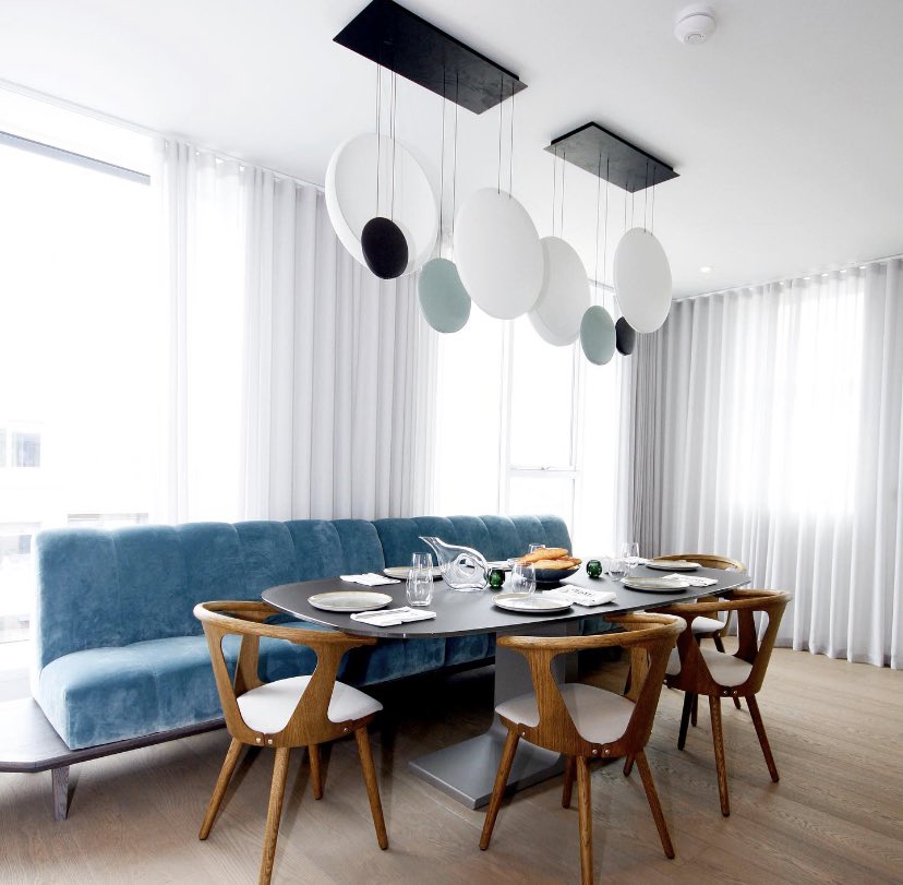 AoifeRhattigan's tweet photo. Our bespoke dining bench with these bold statement lights brought theatre and style to this dramatic dining space. Who wouldn’t want to throw a dinner party here. #diningroomdecor #statementlights #interiorsinspo #dining #restlessdesign #designmatters https://t.co/55ENJBXWoL