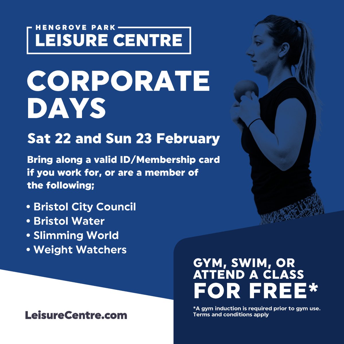 Do you work for Bristol City Council or Bristol Water, or are you a member of Slimming World or Weight Watchers?

Use our facilities for free this weekend!*

For more information, speak with our membership team on 0117 937 0200

*Terms and conditions apply.