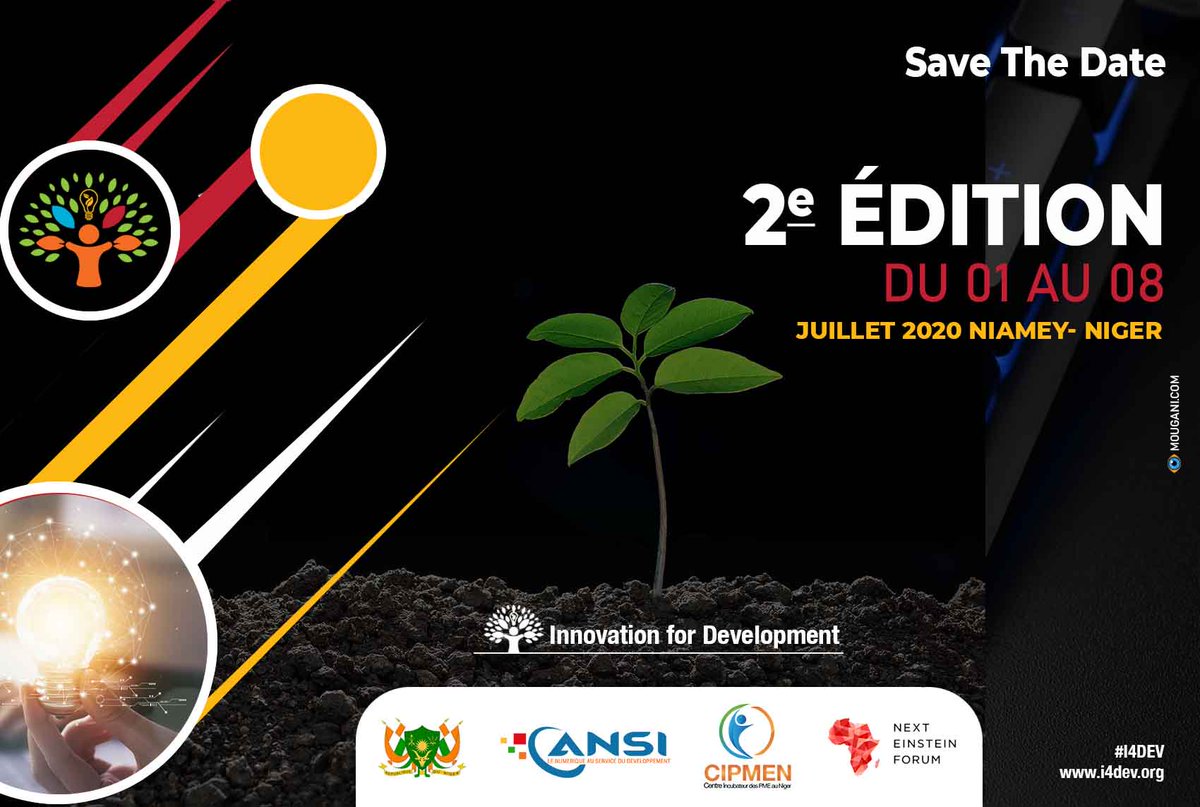 i4dev2020's tweet image. #SaveTheDates
#I4Dev 2e édition à Niamey, Niger
Du 1er au 8 Juillet 2020, réservez vite ces dates.

@AnsiNiger @Cipmen @NextEinsteinFor @Sahelinnov 

#NigerRising #Innovation4Dev #Digital4Dev #Niger #SmartVillage #AfricaScienceWeek