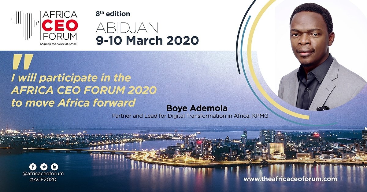 KPMG_NG's tweet photo. @BoyeAdemola, Partner and Lead for Digital Transformation, @KPMGAfrica, will participate in the Africa CEO Forum 2020 to contribute in shaping the future of Africa. #ACF2020 #Business #CEO #Leadership #KPMGNigeria #KPMGAfrica https://t.co/5LJylF2RDh