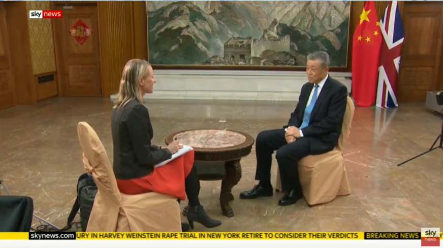 AmbLiuXiaoMing's tweet photo. Glad to give an interview to Deborah Haynes, foreign affairs editor at Sky News on phone call between President Xi Jinping and Prime Minister Johnson and about China’s fight against the #COVID19. https://t.co/da4upBz9qV
