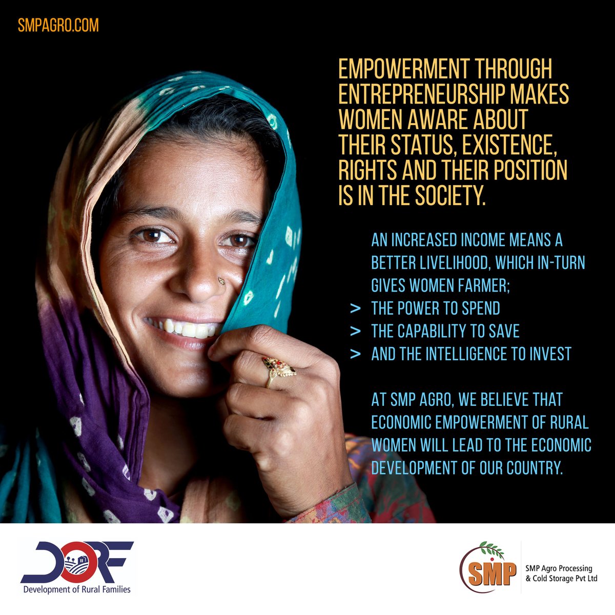 SmpAgro's tweet photo. An increased income means a better livelihood, which in-turn gives the women farmer
- The power to spend
- The capability to save
- And the intelligence to invest
At SMP Agro we believe that economic empowerment of rural women will lead to the economic development of our country. https://t.co/vHvOXXfL6m
