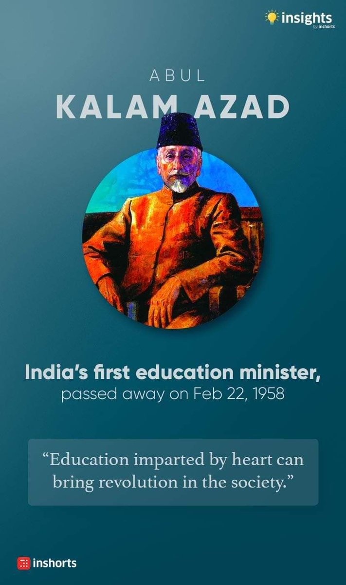 Education imparted by heart can bring revolution in the society
 - Moulana Abul Kalam Azad
First Education Minister of #India

#education #EducationMatters #EducationForAll #EducationCannotWait #educationforfuture #educationispower 
#MoulanaAbulKalamAzad #firsteducationminister