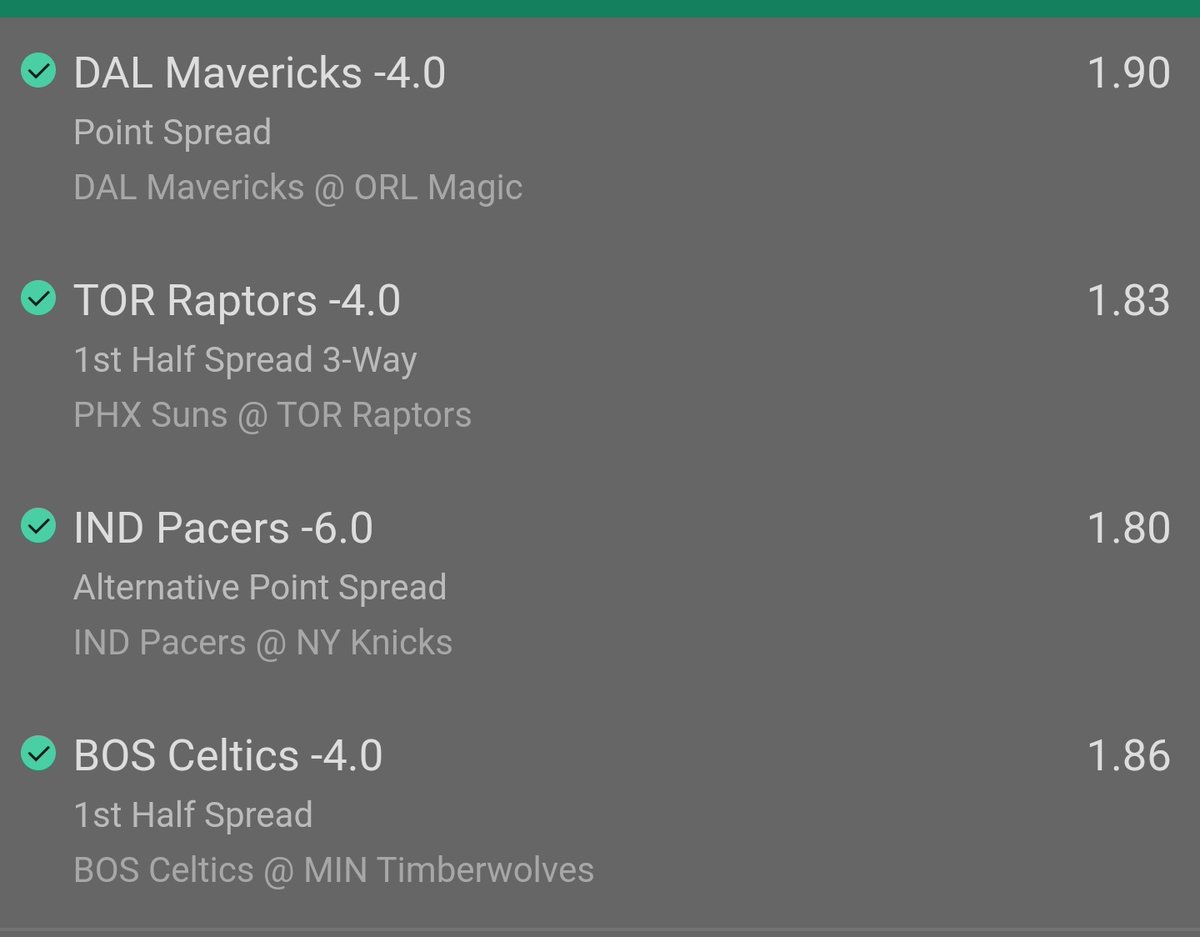 Wiz_nbatips's tweet photo. Mavs -4 @ 1.90 ✅
Raptors 1H -4 @ 1.83 ✅
Pacers -6 @ 1.80 ✅
Celtics 1H -4 @ 1.86 ✅

Full house again folks 🔥😘

Like if you got on 💰

#NBA #nbapicks https://t.co/fOubSMNsMj