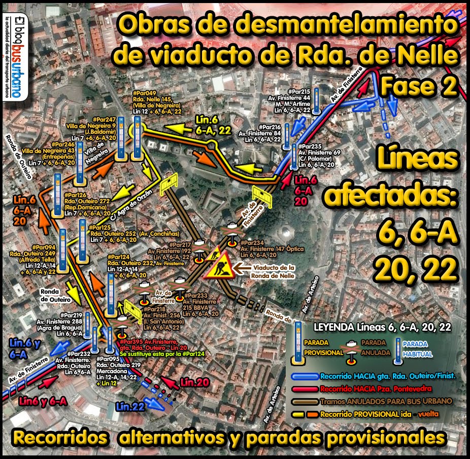 BlogBusurbano's tweet image. Añadimos a la oferta #2x1 el plano de recorridos alternativos y paradas provisionales para las #Lín6, #Lín6A, #Lín20 y #Lín22  a raiz de las obras de desmantelamiento del viaducto de Rda. de Nelle. Hasta el día 25/02!