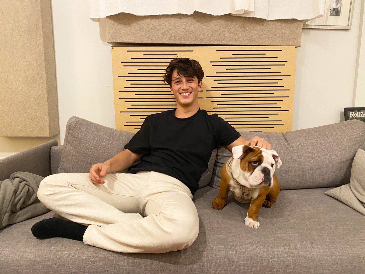ZakAbel's tweet photo. Met a dog in the studio. He was cool but he refuses to look at the camera unless you are also wearing Burberry. https://t.co/VpEOGa9Ghg