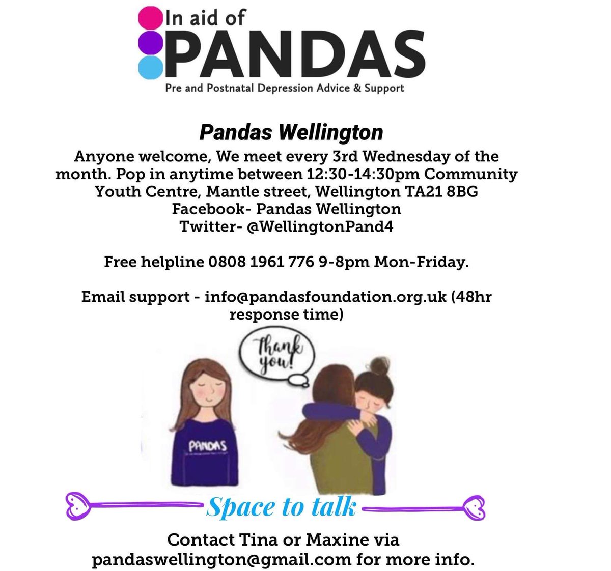 WellingtonPAND4's tweet image. Don&apos;t forget that our Wellington group we welcome dad&apos;s and any family members too 💜 #pandashr #dadsupport #family #support #bekindtoyourself #mums #dads