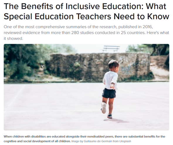 DSAgeing's tweet image. Educational settings where children with #disabilities are educated alongside their nondisabled peers can have substantial benefits for the #cognitive and #social development of all children.

Read about the #inclusion research summary: 
bit.ly/2T5Etrh

#DownSyndrome