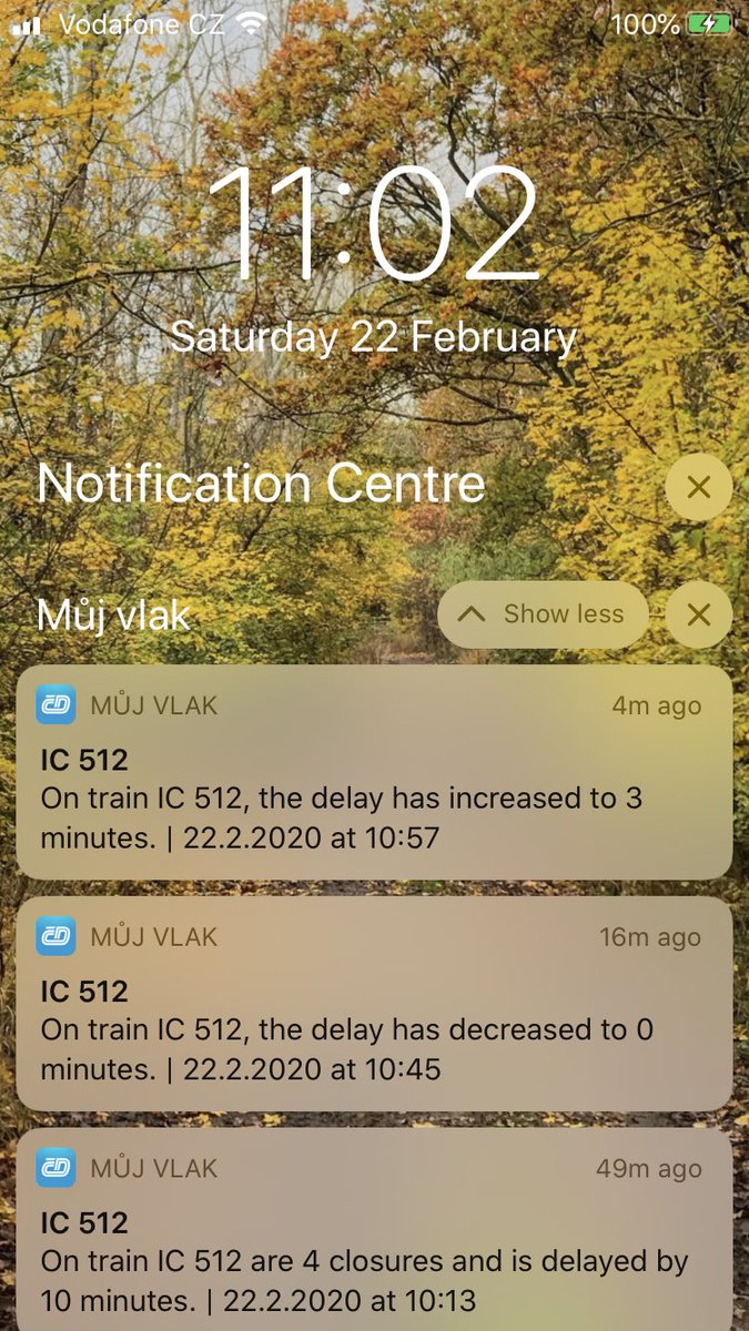 I’m sure other apps do this but the ČD app push alerts for delays are really well done (most recent is at the top, the guard said we were delayed 3 mins waiting for a connecting train)