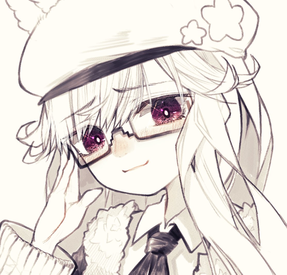 1girl hat solo glasses long hair smile purple eyes  illustration images