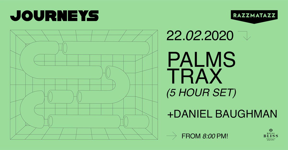 Llegó el día!
Journeys: Palms Trax (5 Hour Set) + Daniel Baughman en Razzmatazz 2!

Horarios aprox:
20:00h - Apertura
21:00h - Palms Trax
02:00h - Daniel Baughman

Entradas: bit.ly/JOURNEYS-PALMS…

[Entrada con consumición accediendo al club antes de las 21:00h]