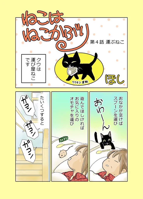 【ねこはねこかぶり】
第4話 運ぶねこ

#猫の日 なのでカラーで描きました(*ΦωΦ)ฅ 
楽しかった!
#ねこはねこかぶり #黒猫クウ 