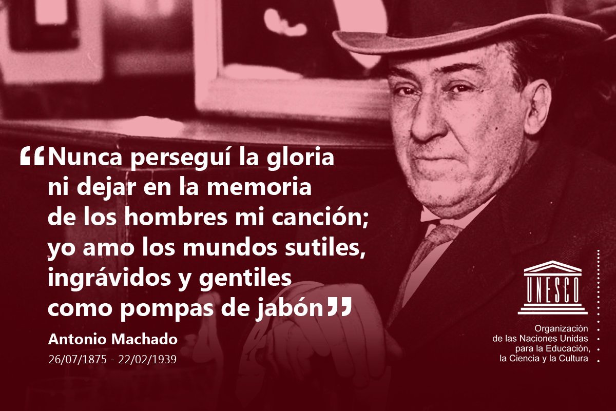 "Todo pasa y todo queda,
Pero lo nuestro es pasar,
Pasar haciendo caminos,
Caminos sobre el mar"

#TalDíaComoHoy en 1939, murió el poeta español #AntonioMachado. Homenaje a una figura clave de las letras españolas ➡️on.unesco.org/38O5gz5 📜