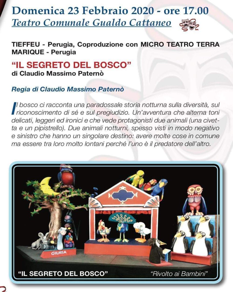 Pro_G_Cattaneo's tweet photo. Il 23 Febbraio alle ore 17.00, 
VI ASPETTIAMO 
per un'esperienza unica

Presso il Teatro Comunale di Gualdo Cattaneo

IL SEGRETO DEL BOSCO 
di Claudio Massimo Paternò https://t.co/bknWu91TD0