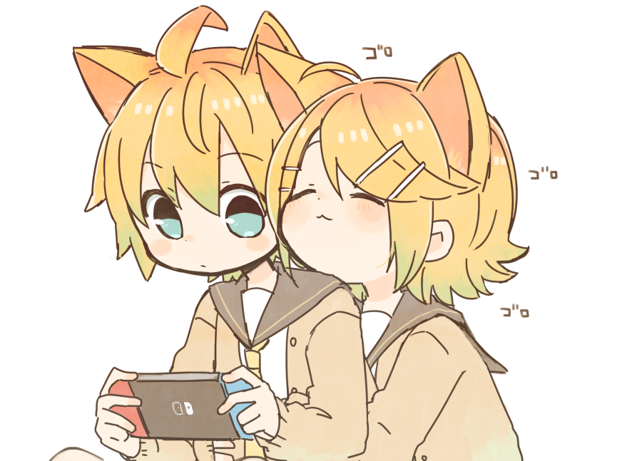 kagamine len ,kagamine rin 1girl nintendo switch 1boy animal ears blonde hair closed eyes sailor collar  illustration images