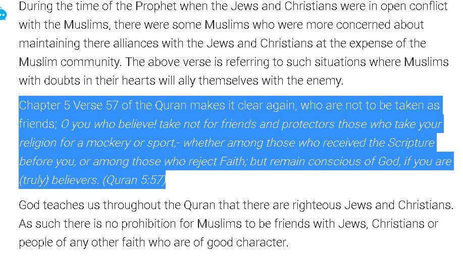 that pathetic liar yasmine did not mentioned intentionally the verse where Allah said ur not supposed to make friends with only with those who ridicule or mock ur religionAllah never said every jew or christian mock our religionjust unbelievable to even read such lie from her
