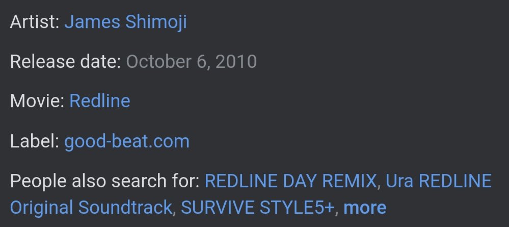 REDLINE Original Soundtrack — James Shimoji et al.ADRENALINE PUMPING MAD DASH STRAIGHT INTO THE SUN ENERGY!!!!!!(Sorry I missed a day.)